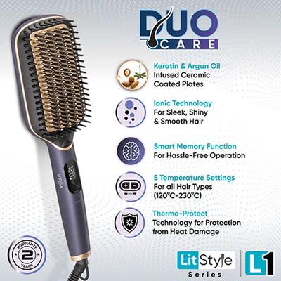 Vega Litstyle L1 Hair Straightener Brush for Women with Smart Memory Function, Quick Heat-Up, VHSB-06 525 gm - Hair Brushes