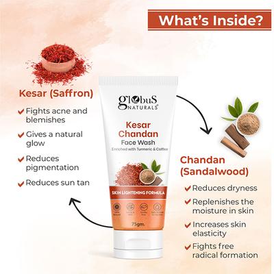 Globus Naturals Acne Face Wash Combo, Aloe Vera Neem Tulsi Face Wash & Kesar Chandan Face Wash, 75gm each 2's - Face Wash & Cleansers
