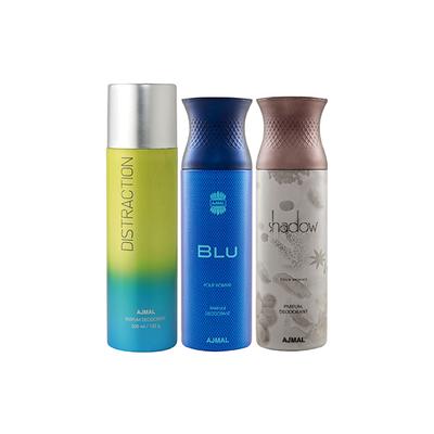 Ajmal 1 Distraction, 1 Blu Homme And 1 Shadow Him Deodorants Pack of 3 200 ml - Deodorants/Roll-Ons