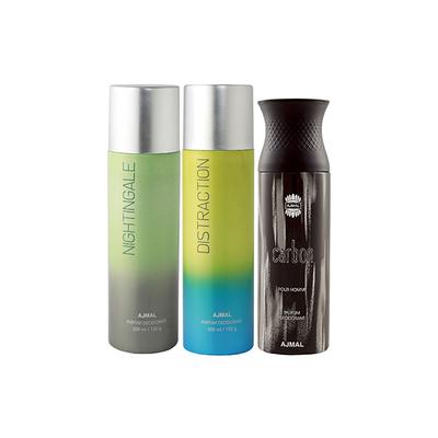 Ajmal Nightingale And Distraction For Men & Women And Carbon Deodorants Pack of 3 200 ml - Deodorants/Roll-Ons
