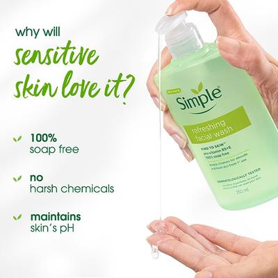 Simple Refreshing Facial Wash, 100% Soap-Free Perfect for Sensitive Skin 250 ml - Face Wash & Cleansers