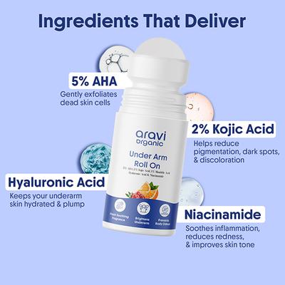 Aravi Organic Under Arm Roll On - 5% AHA, 2% Kojic Acid & 1% Mandelic Acid Control Body Odour 50 ml - Deodorants/Roll-Ons