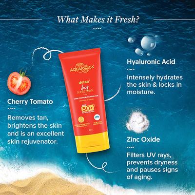 Aqualogica Detan + Dewy Sunscreen With Cherry Tomato & Hyaluronic Acid With SPF 50 & Pa ++++ 80 gm - Body Sunscreen
