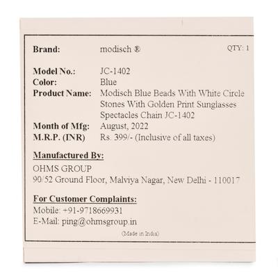 Modisch Blue Beads With White Circle Stones With Golden Print Sunglasses Chain (JC-1402-Blue) 1's - Wearables Sunglasses