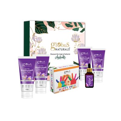 Globus Naturals Pre and Post Holi Ritual Herbal Kumkumadi Skin Care Gift Box, for All Skin Types - Both Men and Women - Face Wash 100gm, Face Scrub 100gm, Face Cream 100gm, Face Pack 100gm, Face Serum 30ml 1's - Makeup Kits & Sets