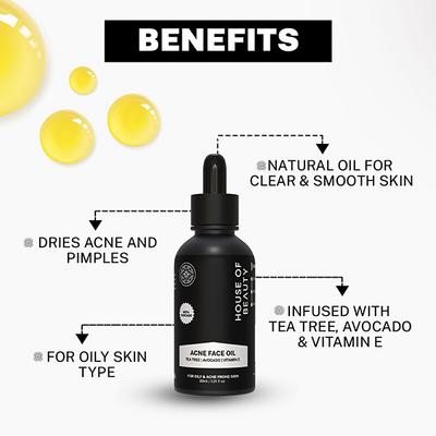 House of Beauty Acne Oil with Tea Tree, Avocado & Vit-E For Drying Pimpled & Oily Skin 30ml - Face Oils
