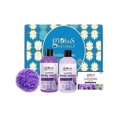 Globus Naturals Lavender Haven Essentials Bath and Body Gift Hamper, Box Includes - Lavender Body Wash 200ml, Lavender Lotion 200ml, Lavender Soap 100gm, Loofah 1's - Creams, Lotions & Oils
