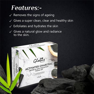 Globus Naturals Charcoal Facial Kit For Skin Exfoliation & Refreshed Glowing Skin 110 gm - Facial Kits