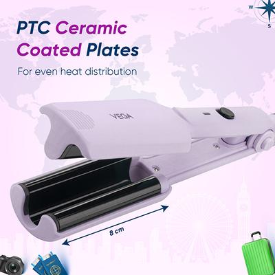 Vega Go Mini Hair Waver with Ptc Ceramic Coated Plates for Women, Purple (VHWR-02) 350 gm - Rollers & Curlers