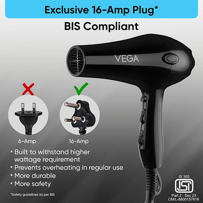Vega Pro Touch 2000W For Women & Men With Cool Shot Button, 2 Heat/2 Speed Settings & 2 Nozzles (Vhdp-02) - Hair Dryers
