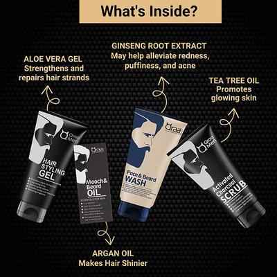 Qraa Men Look Good Kit, (Face Wash, Styling Gel, Scrub and Beard Oil), Premium Gift Box for Men 1's - Face Washes