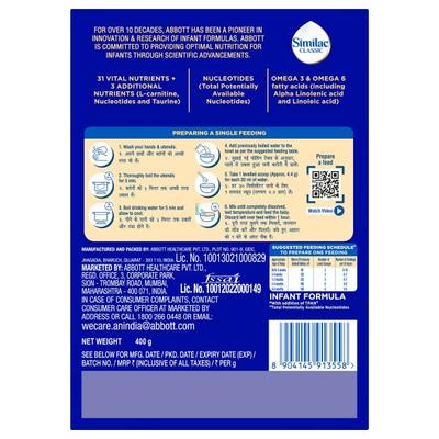 Similac Classic Infant Formula stage 1 Powder (Up to 6 months) Refill Pack 400 g - Baby And Infant Supplements