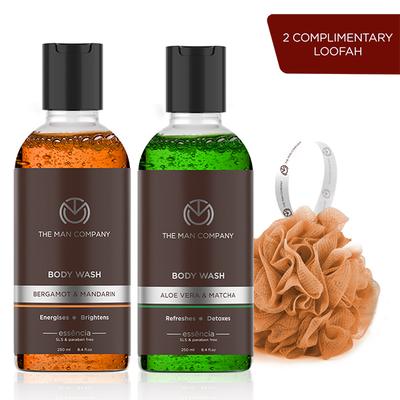 The Man Company Body Wash with Bergamot & Mandarin Aloe Vera & Matcha SLS & Paraben Free 250ml x 2 (With Free 2 Complementary Loofah) 940 gm - Shower Gels & Body Wash