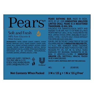Pears Soft & Fresh Bathing Bar with 98% Pure Glycerine & Mint Extracts Look Young Stay Young 125gm Each 4's - Soaps