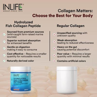 INLIFE Hydrolyzed Fish Collagen Powder - Orange Flavour 200 gm - Hair & Skin