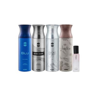 Ajmal Blu & Silver Shade & Evoke silver Edition Homme & Shadow Homme Deo & Neea EDP Pack of 5 20 ml - Women Perfumes (Edt/Edp)