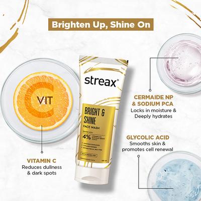 Streax Skin Bright & Shine Face wash cleanser 4% Vitamin C & Glycolic Serum Complex 100 ml - Scrubs & Exfoliants