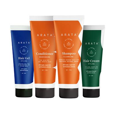 Arata Natural Hair Care Essentials With Cleansing Shampoo(75 Ml), Conditioner(75 Ml), Hair Gel(50 Ml) & Hair Cream(50 Ml) 250 ml - Shampoos