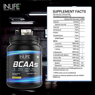INLIFE BCAAs Powder - Pineapple Flavour 450 gm - Bcaa Supplements