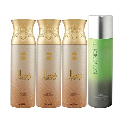 Ajmal 3 Wisal For Women And 1 Nightingale For Men & Women High Quality Deodorants Combo (Pack Of 4) 800 ml - Perfumes (Edt/Edp)