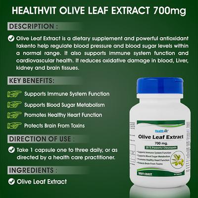 Healthvit Olive Leaf Extract (20% Powerful Oleuropein) 700 mg - Capsules 60's - Herbal Dietary Supplement