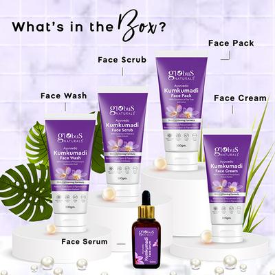Globus Naturals Pre and Post Holi Ritual Herbal Kumkumadi Skin Care Gift Box, for All Skin Types - Both Men and Women - Face Wash 100gm, Face Scrub 100gm, Face Cream 100gm, Face Pack 100gm, Face Serum 30ml 1's - Makeup Kits & Sets