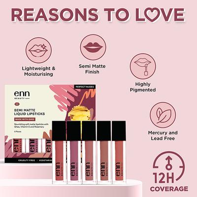ENN Semi Matte Liquid Lipstick Kit - Perfect Nudes 5's - Liquid Lipsticks