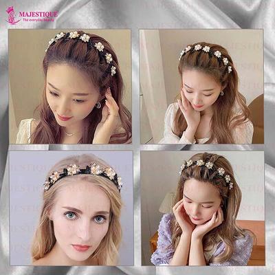 Majestique Stylish Braided Double Layer Twist Plait Plastic Headband with Elegant Flower 1's - Hair Clips/Bands