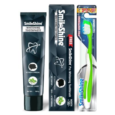 SmiloShine Whitening Toothpaste with Activated Charcoal - Menthol Flavor 100 gm + Free SmiloShine Pro Whitening Toothbrush - Toothpaste
