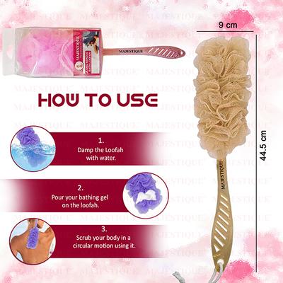 Majestique Long Handle Bath Loofah, Body Scrubber Soft Nylon Mesh Sponge Bath Brush- Multicolor 1's - Loofahs & Sponges