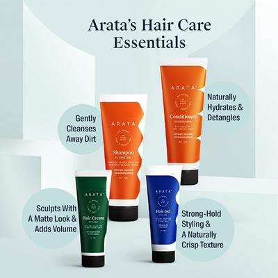 Arata Natural Hair Care Essentials With Cleansing Shampoo(75 Ml), Conditioner(75 Ml), Hair Gel(50 Ml) & Hair Cream(50 Ml) 250 ml - Shampoos