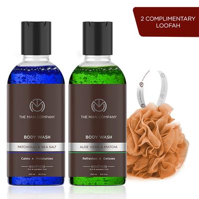 The Man Company Body Wash with Patchouli & Sea Salt Aloe Vera & Matcha SLS & Paraben Free 250ml x 2 (With Free 2 Complementary Loofah) 940 ml - Shower Gels & Body Wash