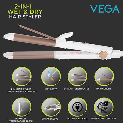Vega 2 in 1 Wet and Dry Hair Styler Straightener and Curler (VHSC-02) White 1's - Multi-Stylers
