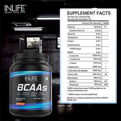 INLIFE BCAA Powder Orange Flavor 450 gm - Bcaa Supplements