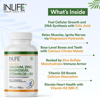 Inlife Calcium, Zinc, Magnesium, Vitamin D2 + K2 Tablet 120's - Calcium And Minerals