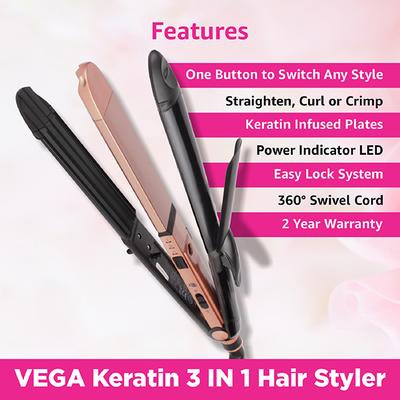 VEGA 3 in 1 Keratin Hair Styler Straightener Curler and Crimper (VHSCC-03) Rose Gold 1 gm - Multi-Stylers