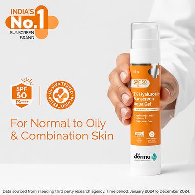 The Derma Co. 1 Percent Hyaluronic Sunscreen Aqua Gel For Broad Spectrum & Blue Light Protection SPF 50 PA++++ 50gm - Face Sunscreen