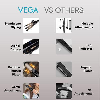 Vega 4 In 1 Hair Styler- Hair Straightener, Brush Attachment, Hair Curler and Hair Crimper (VHSCC-05) 1's - Straighteners
