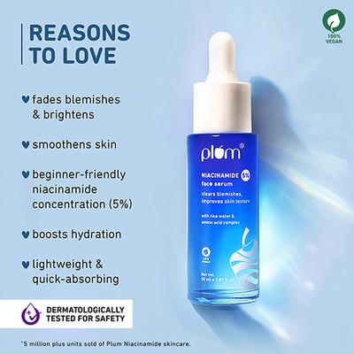 Plum Niacinamide 5% Face Serum With Rice Water Amino Acid Complex Clears Blemishes Improves Skin Texture 30ml - Face Serum