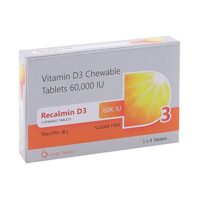 RECALMIN D3 60 K IU SUGAR FREE ORANGE FLAVOUR Chewable Tablet 4's - Supplements-Vam