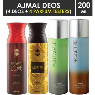 Ajmal 1 Sacred Love For Women, 1 Aurum Femme For Women, 1 Nightingale And 1 Magnetize For Men & Women High Quality Deodorants Combo (Pack Of 4) 800 ml - Perfumes (Edt/Edp)
