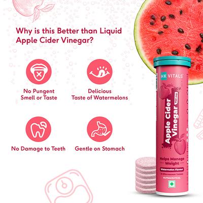 HK Vitals Apple Cider Vinegar 750mg, for Weight Management and Gut Health, Supports Digestion, No Added Sugar, Watermelon Flavour, 15 Effervescent Tablets 4's - Apple Cider Vinegar - Acv