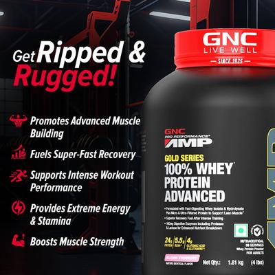 GNC AMP Gold Series 100% Whey Protein Advanced Powder - Delicious Strawberry 1.81 kg - Whey Proteins