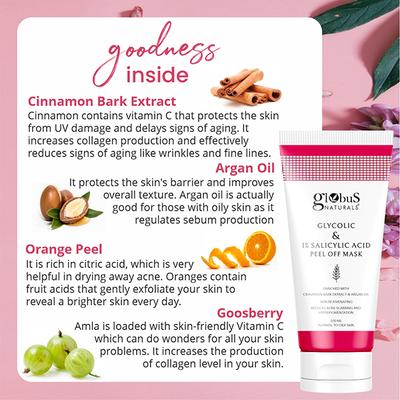 Globus Naturals Glycolic & 1% Salicylic Acid Anti Acne Peel Off Mask, for Oily & Acne Prone Skin 100 gm - Masks & Peels