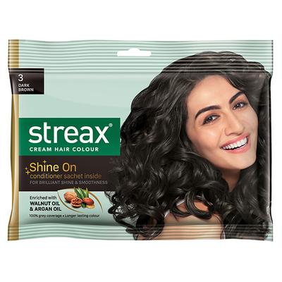Streax Cream Hair Colour - 3 Dark Brown Enriched With Walnut & Argan Oil (20G Colourant+20ml Developer+5G Conditioner) 1's - Crème