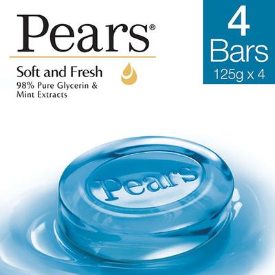 Pears Soft & Fresh Bathing Bar with 98% Pure Glycerine & Mint Extracts Look Young Stay Young 125gm Each 4's - Soaps