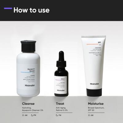 Minimalist Anti Aging Kit with Aquaporin Booster 05% Cleanser And Retinol 0.3% Serum SPF 50 180gm 1's - Toners