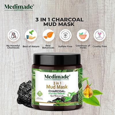 Medimade Charcoal With Tea Tree Oil 3 In 1 Mud Mask 100 gm - Masks & Peels