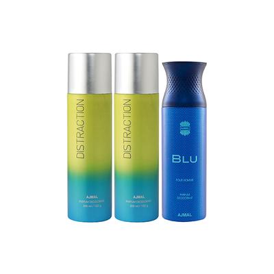 Ajmal 2 Distraction And 1 Blu Homme Deodorants Pack of 3 200 ml - Deodorants/Roll-Ons