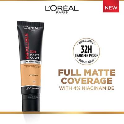L'Oreal Paris Infallible 32H Matte Cover Liquid Foundation - 250 Warm Undertone 30 ml - Foundation